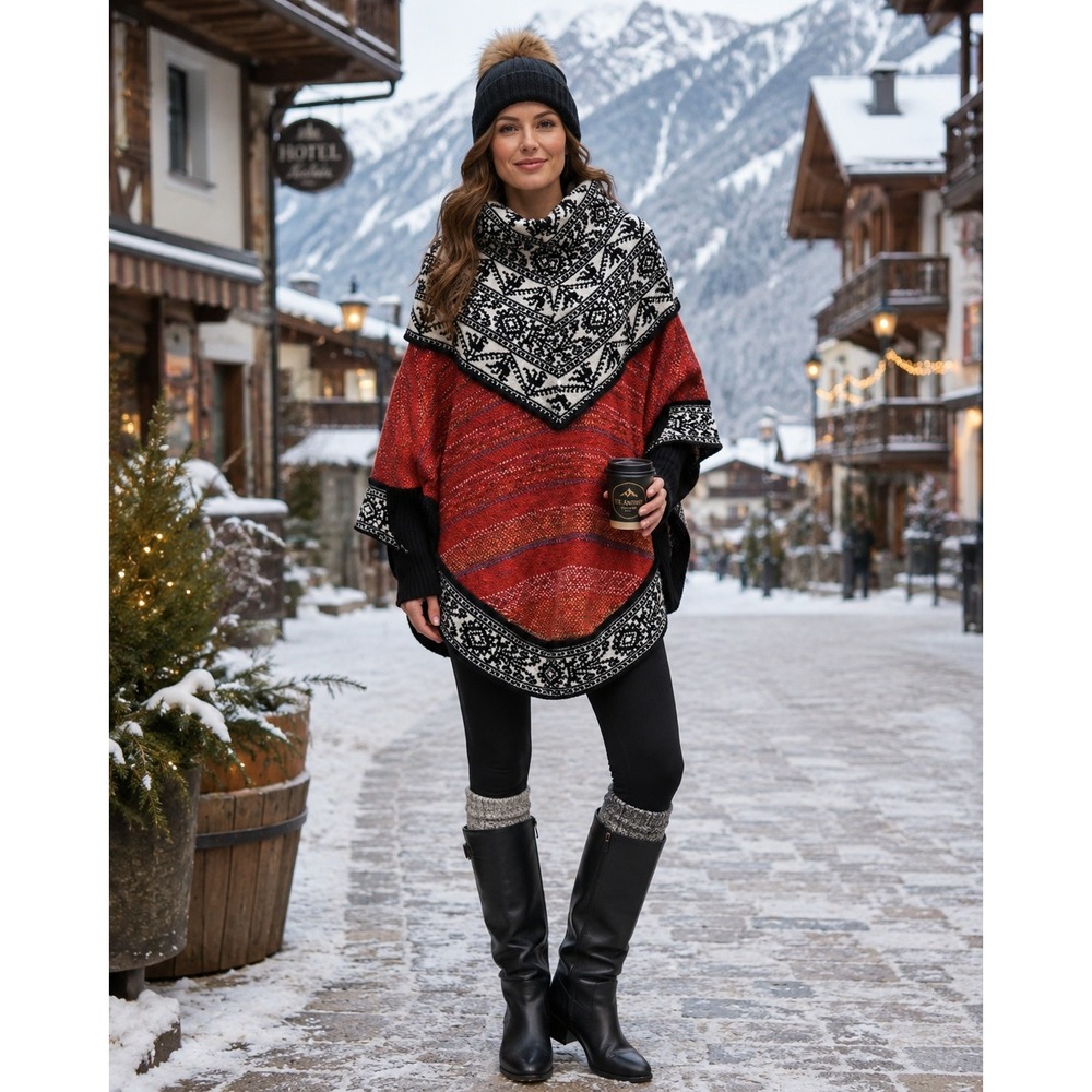 Jahuari‎ Alpaca Wool Knit Fair Isle Poncho Sweater Red OS